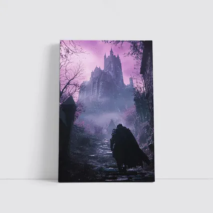 Dark Knight Approaching Gothic Castle Purple Mist
