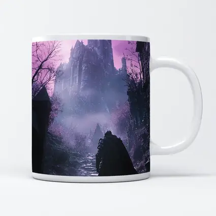 Dark Knight Approaching Gothic Castle Purple Mist