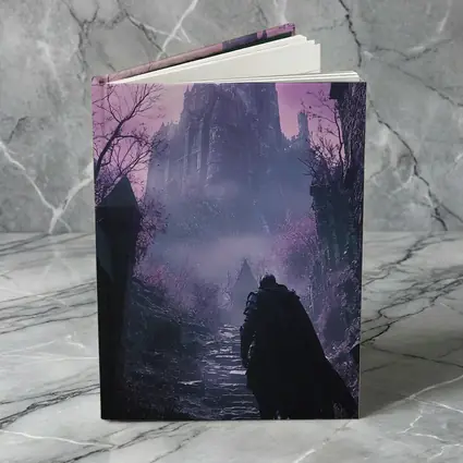 Dark Knight Approaching Gothic Castle Purple Mist