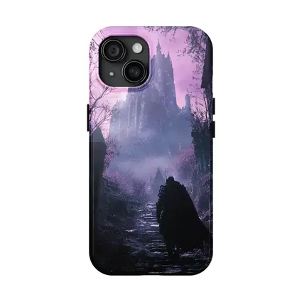 Dark Knight Approaching Gothic Castle Purple Mist