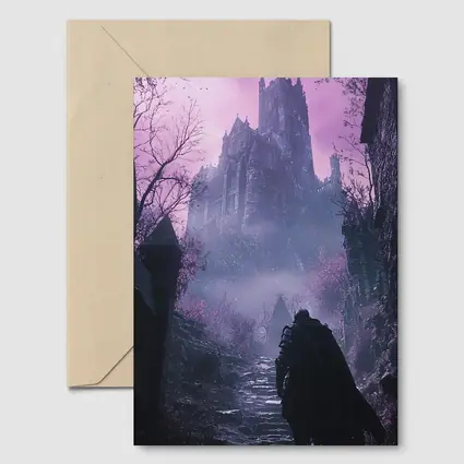 Dark Knight Approaching Gothic Castle Purple Mist