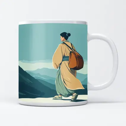 Japanese Woman Robes Walking Mountain Landscape