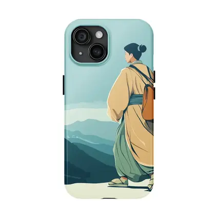 Japanese Woman Robes Walking Mountain Landscape