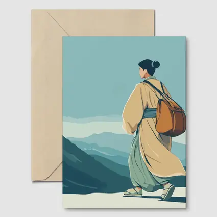 Japanese Woman Robes Walking Mountain Landscape