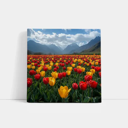 Red Yellow Tulips Field Mountain Background