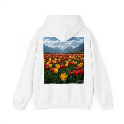 Red Yellow Tulips Field Mountain Background