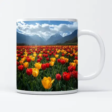 Red Yellow Tulips Field Mountain Background