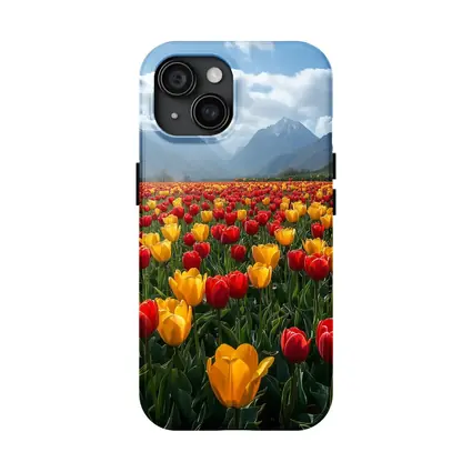 Red Yellow Tulips Field Mountain Background