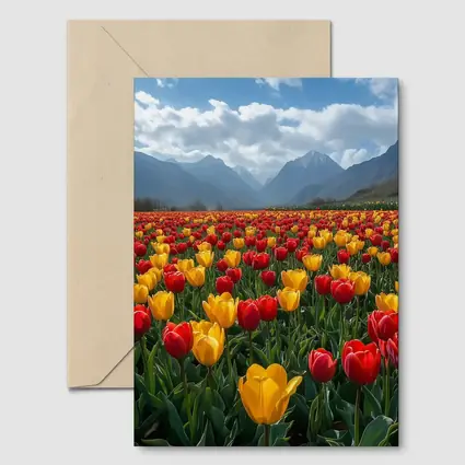 Red Yellow Tulips Field Mountain Background