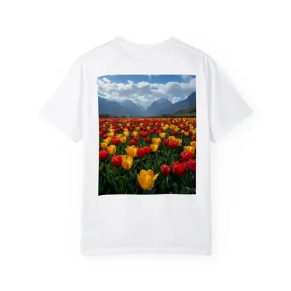 Red Yellow Tulips Field Mountain Background