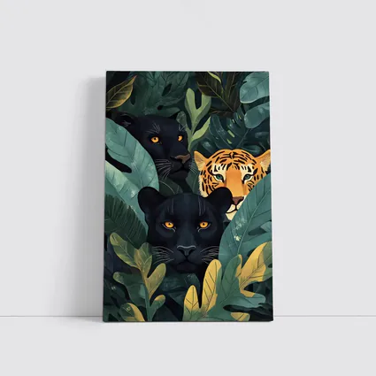 Black Panthers And Tiger In Jungle Leaves