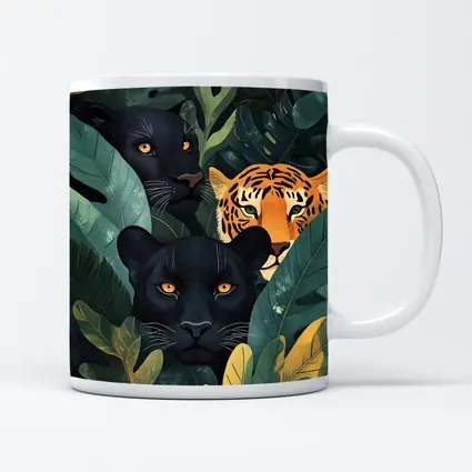 Black Panthers And Tiger In Jungle Leaves