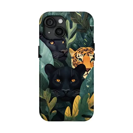 Black Panthers And Tiger In Jungle Leaves