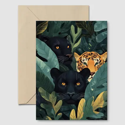Black Panthers And Tiger In Jungle Leaves