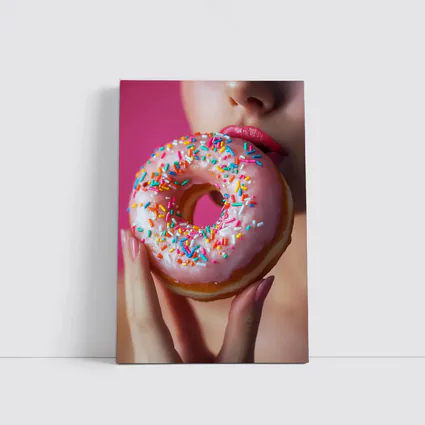 Woman Eating Pink Sprinkle Donut Pink Background