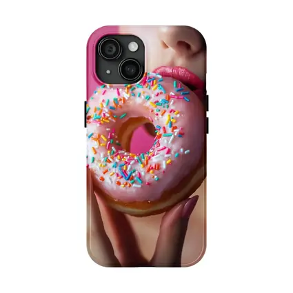 Woman Eating Pink Sprinkle Donut Pink Background