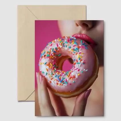 Woman Eating Pink Sprinkle Donut Pink Background