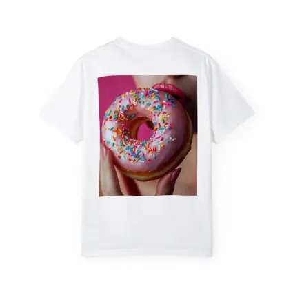 Woman Eating Pink Sprinkle Donut Pink Background