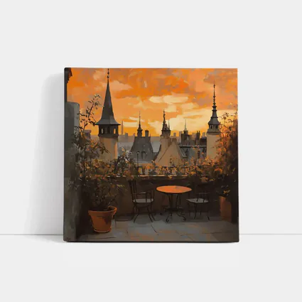 Paris Rooftop Terrace Golden Sunset Oil Painting