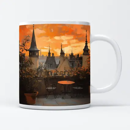 Paris Rooftop Terrace Golden Sunset Oil Painting