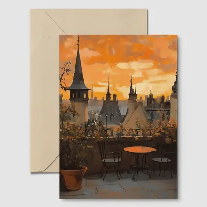 Paris Rooftop Terrace Golden Sunset Oil Painting