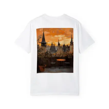 Paris Rooftop Terrace Golden Sunset Oil Painting