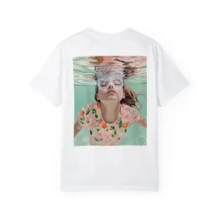 Girl Swimming Underwater Floral Shirt Pool