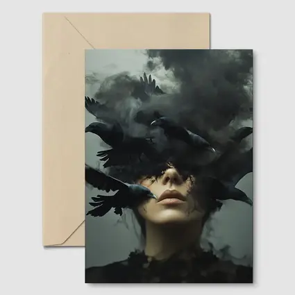 Woman With Ravens Dark Smoke Surreal Art