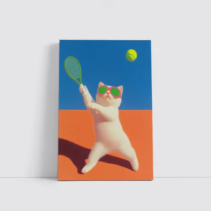 White Cat Playing Tennis Orange Court