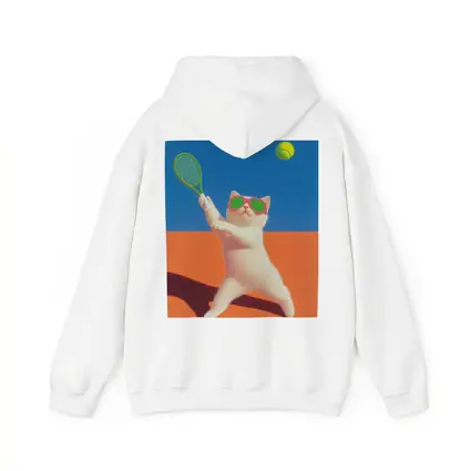 White Cat Playing Tennis Orange Court