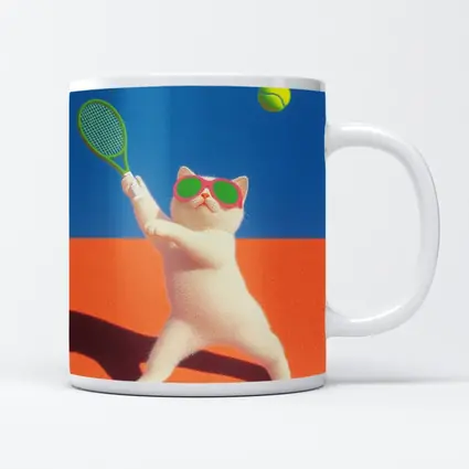 White Cat Playing Tennis Orange Court