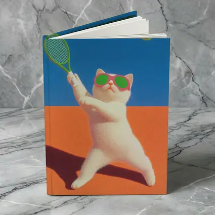 White Cat Playing Tennis Orange Court