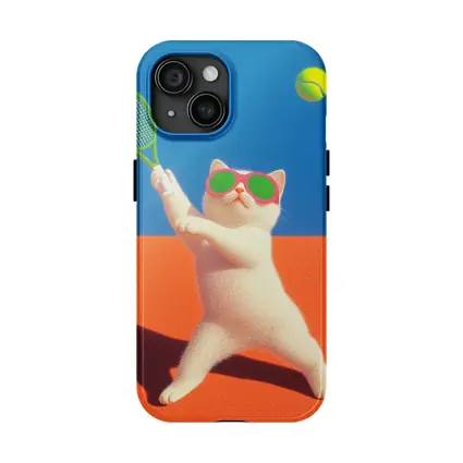 White Cat Playing Tennis Orange Court
