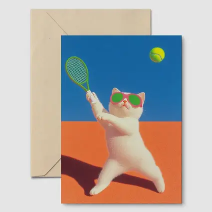 White Cat Playing Tennis Orange Court