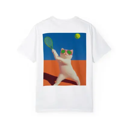 White Cat Playing Tennis Orange Court