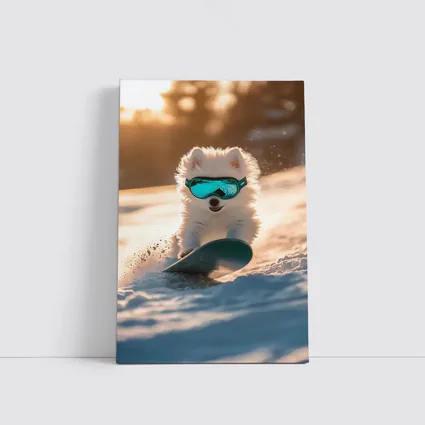 Fluffy White Puppy Snowboarding Snowy Winter Slope