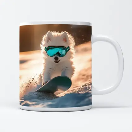 Fluffy White Puppy Snowboarding Snowy Winter Slope