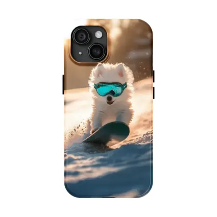 Fluffy White Puppy Snowboarding Snowy Winter Slope
