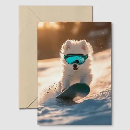Fluffy White Puppy Snowboarding Snowy Winter Slope