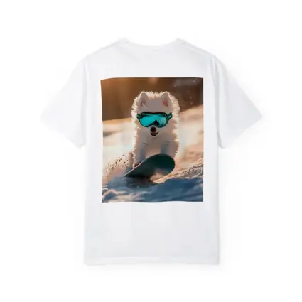 Fluffy White Puppy Snowboarding Snowy Winter Slope