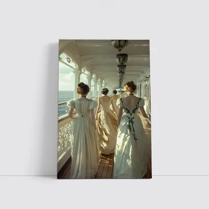 Victorian Women in Gowns on Ship Deck