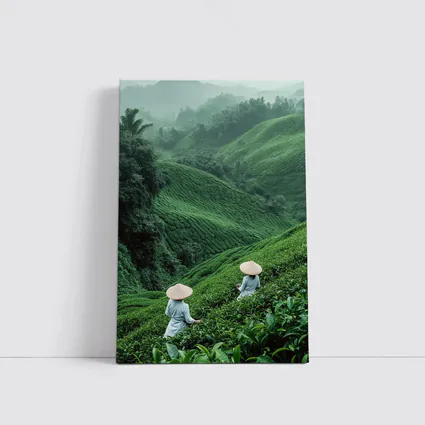 Tea Pickers Working Lush Green Mountain Plantation