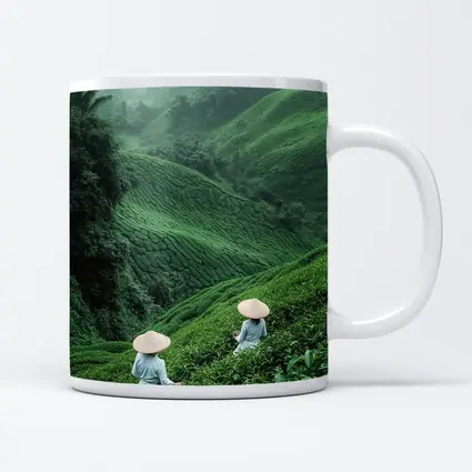 Tea Pickers Working Lush Green Mountain Plantation