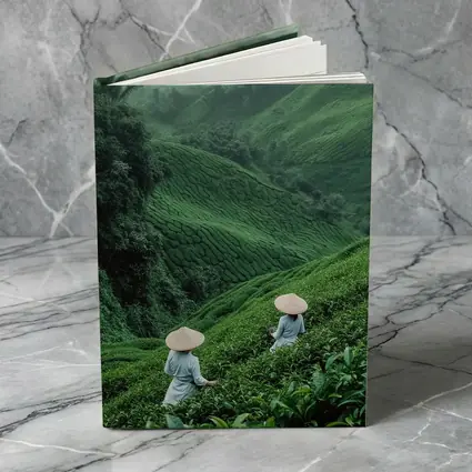 Tea Pickers Working Lush Green Mountain Plantation