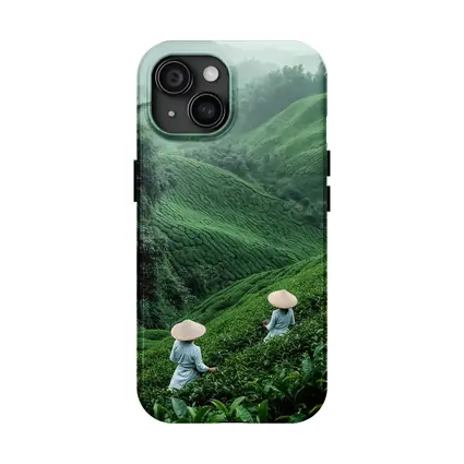 Tea Pickers Working Lush Green Mountain Plantation