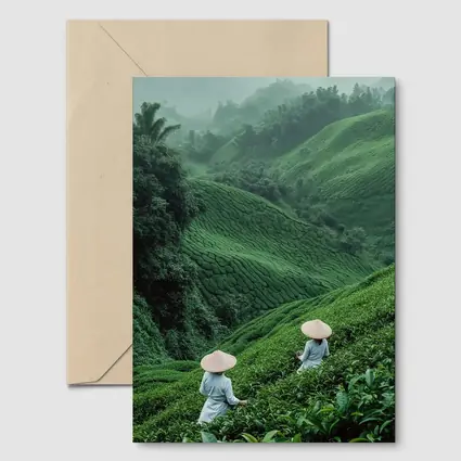 Tea Pickers Working Lush Green Mountain Plantation