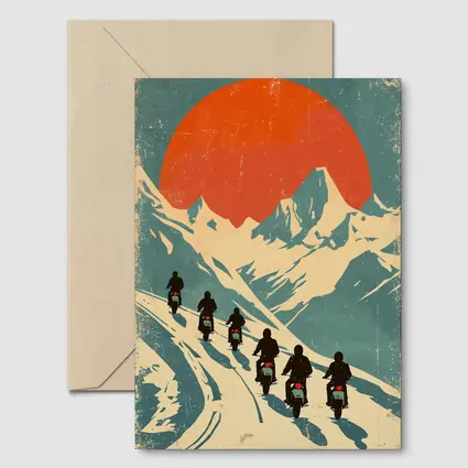 Retro Motorcycle Riders Mountain Sun Poster