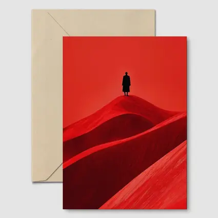 Lone Figure Standing On Red Sand Dunes
