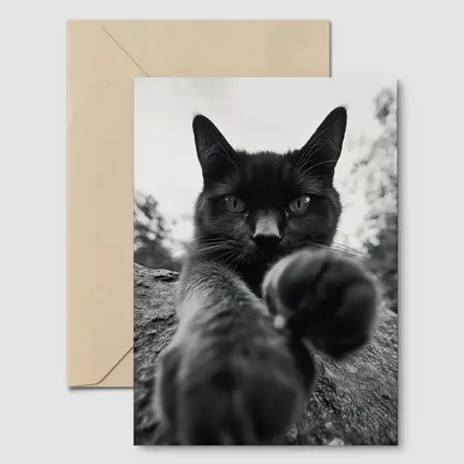 Black Cat Reaching Paw Toward Camera Outdoors