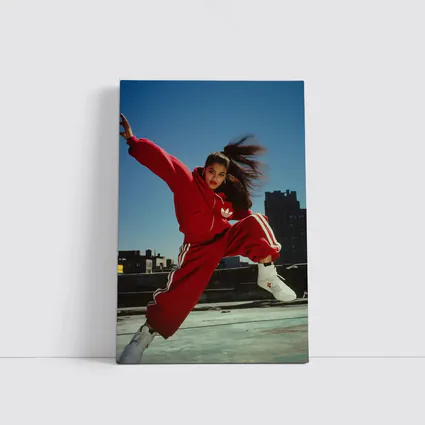 Red Adidas Tracksuit Girl Jumping City Rooftop